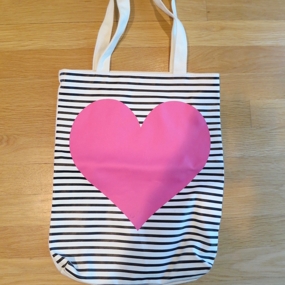 Bando Neon Pink Heart White Blue Striped Canvas Tote Bag